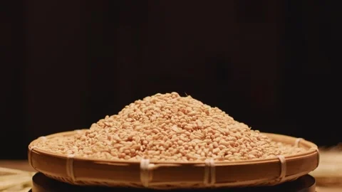 Close-up of Golden Wheat Grains Piled High in Woven Bamboo Basket Stockbeeldmateriaal 336524678