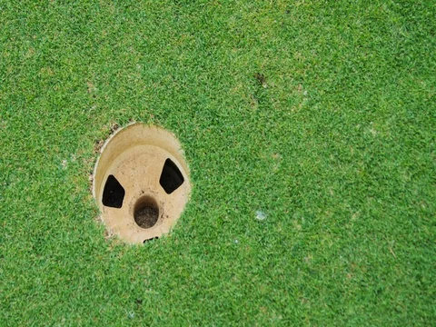 A close up of a golf ball rolling into a hole. Stock Footage 69773840