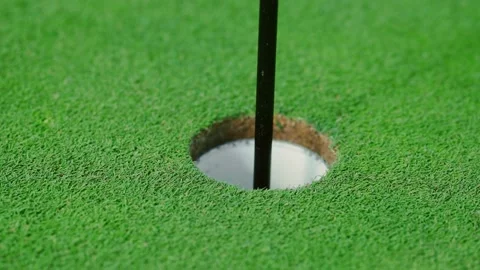A close-up of a golf ball rolling straight into the hole on the golf course. Stock Footage 213718375