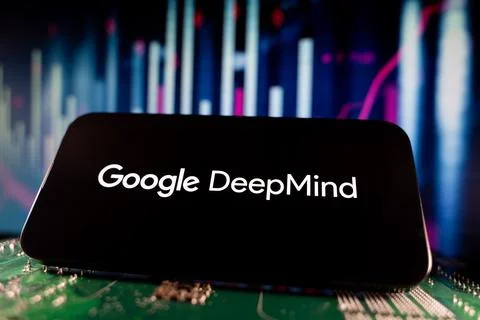 Close up of Google DeepMind logo on smartphone screen with technology and Stock Photos