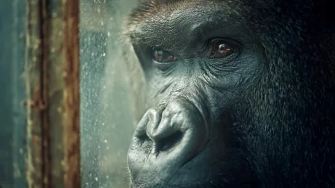 Close-up of a gorilla's face and expressive eyes looking to the side Video stock 314826184