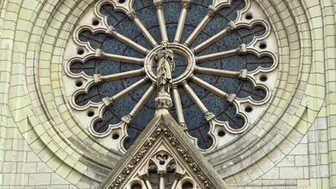 Close up of gothic rose window on Saint Joseph church facade in Angers, France Stock Footage 337795316