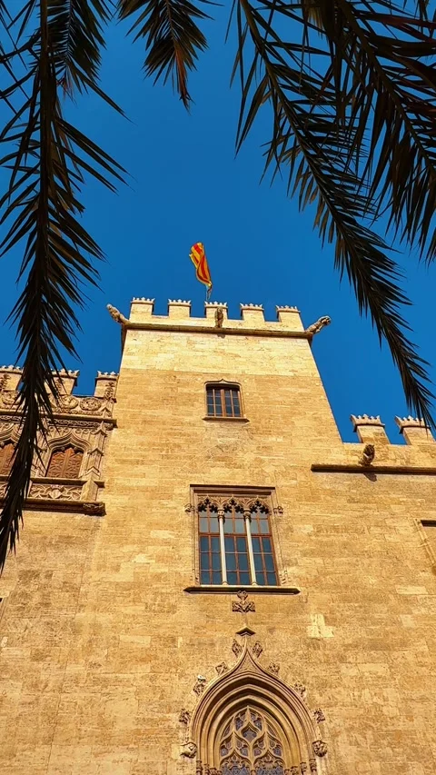 Close up of gothic stone tower with flag and palm Stock Footage 328992003