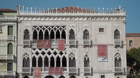 Close up of the Gotic archictecture of Ca' d'Oro, the Palazzo Santa Sofia, Ve Stock Footage 83363101