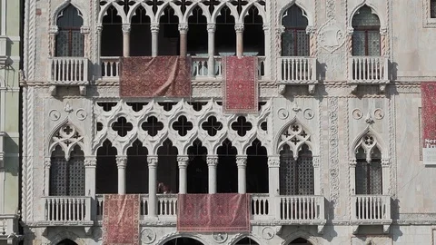 Close up of the Gotic archictecture of Ca' d'Oro, the Palazzo Santa Sofia, Ve Stock Footage 83383659
