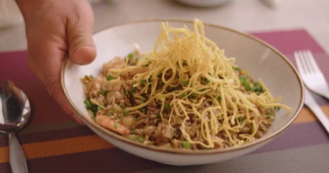 Close-Up of Gourmet Peruvian Shrimp Fried Rice –  Stock video Stock Footage 291314659