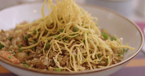 Close-Up of Gourmet Peruvian Shrimp Fried Rice –  Stock video Stock Footage 291314695