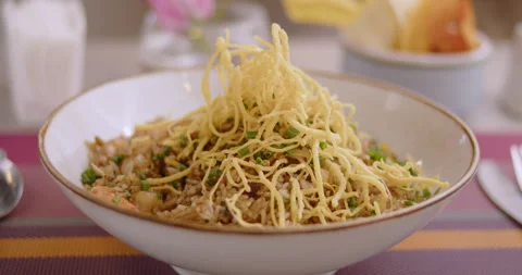 Close-Up of Gourmet Peruvian Shrimp Fried Rice –  Stock video Stock Footage 291314926