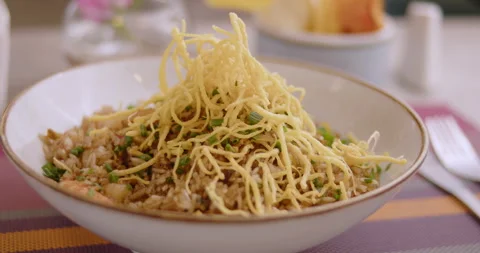 Close-Up of Gourmet Peruvian Shrimp Fried Rice –  Stock video Stock Footage 291315017