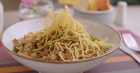 Close-Up of Gourmet Peruvian Shrimp Fried Rice –  Stock video Stock Footage 291315128