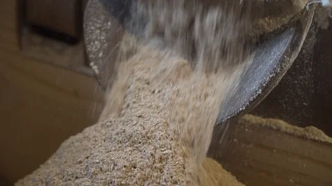 Close up of grain processed into flour at old fashioned mill Stock Footage 107168693