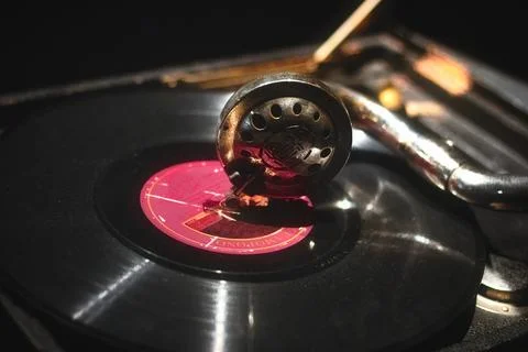 Close-up of a gramophone needle playing a vinyl music record Stock Photos