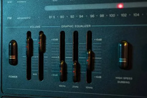  Close-up of a graphic equalizer, adjusting sound levels with volume, freq... Foto stock