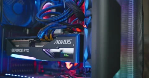 Close-up Graphics Card. LED Light Blink Inside Desktop Computer Custom PC Rig 4K Stock Footage 231978694