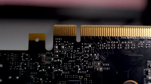 Close-up of a graphics card, the PCB with its array of yellow pin Stock-Footage 274066267