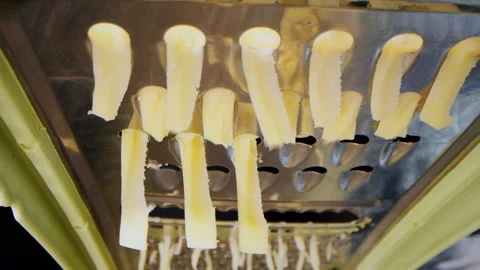Close up Grated cheese, macro shot Frame inside metal grater. Close-up grated Stock Footage 194537518