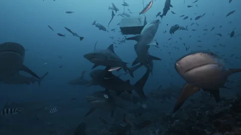 Close-up gray bull shark eats fish near divers underwater ocean of Tonga. Shark Stock Footage 289086398