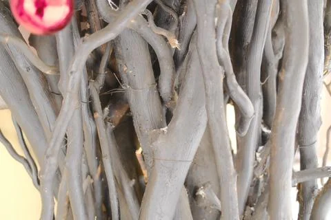Close up of gray painted tree branches with a red Christmas ornament 写真素材