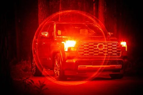 Close-up, gray SUV under gunpoint and in shadow. The concept of a computer ga 写真素材