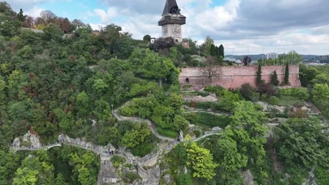 Close Up Graz Clock Tower Schlossberg Landmark Stock Footage 332620374