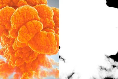 Close up great cloud of orange toxic smoke with alpha channel. 3d rendering Illustrazione stock