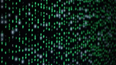 Close-Up of Green and White Matrix-Like Code on a Black Screen, Displaying Stock Footage 281459576