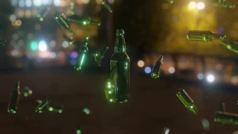 Close up of green beer bottle as bottles fall from the sky. Abstract animation 스톡 동영상 100513526