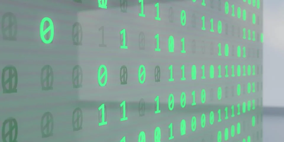 Close up of green binary code on transparent display 3d render illustration Stock Illustration