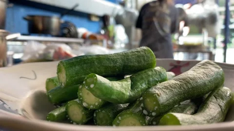 Close up green cooked vegetable hot steam on ceramic plate at kitchen Stock Footage 282345643