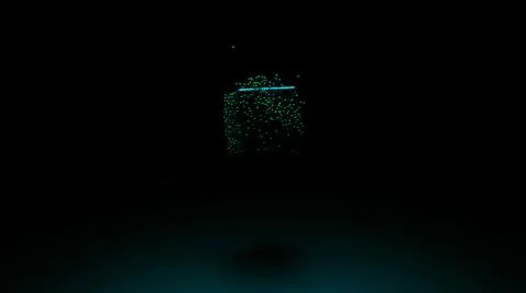 Close up of green cube rotating surrounded by endless quantity of tiny spheres Illustrazione stock