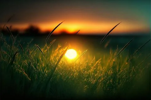Close-up of green grass with sunset in the background Stock Illustration