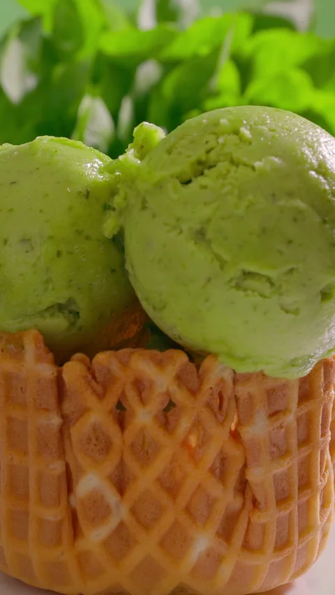 Close-up green ice cream scoops stacked into waffle cone rotating against leafy Stock Footage 313160410