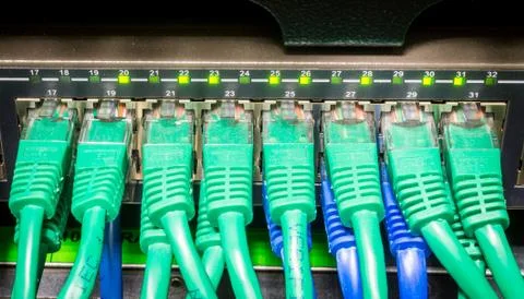 Close up of green network cables connected to switch Stock Photos