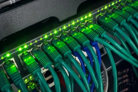 Close up of green network cables connected to switch glowing Stock Photos
