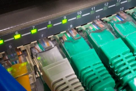 Close up of green network cables connected to switch glowing Stock Photos