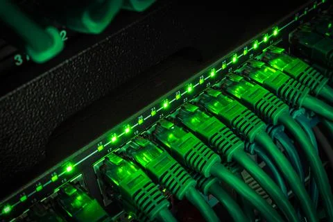 Close up of green network cables from data center connected with patch cord to Stock Photos