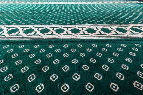Close-up of green patterned carpet with white geometric and floral motifs. Stock Photos