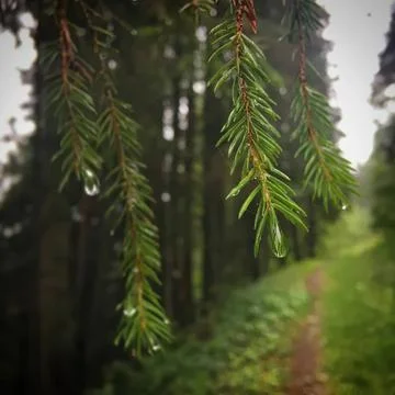 Close-up of green pine branches hanging in forest Stock Photos