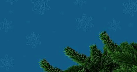 Close-up of green pine needles by snowflake pattern on blue background with copy Illustrazione stock
