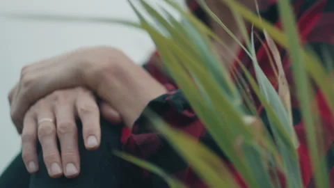 Close-up of green riverside grass in sharp focus with a woman in a red plaid Stock Footage 342280698