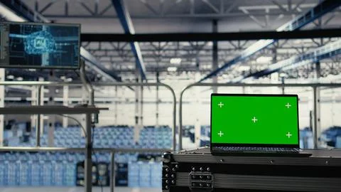 Close up of green screen laptop in server hub with hardware supporting AI 스톡 사진