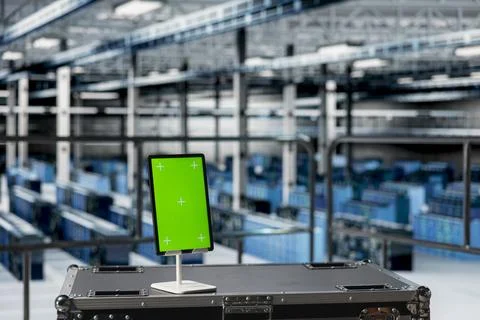 Close up of green screen mockup tablet in data center industrial facility 스톡 사진