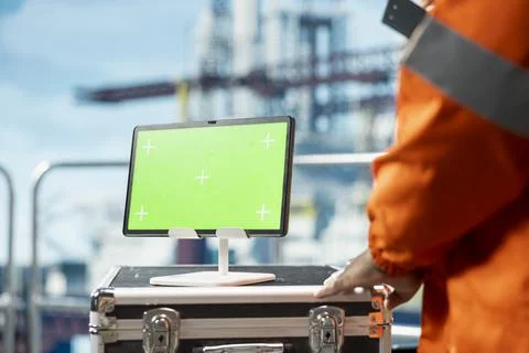 Close up of green screen mockup tablet uses by offshore platform engineer 写真素材