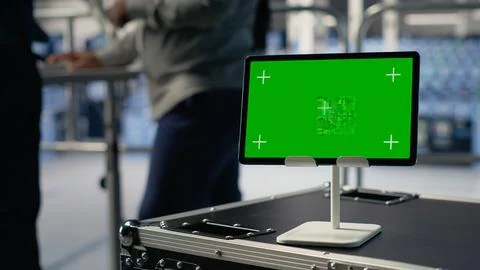 Close up of green screen tablet in front of data center engineers improving rigs Foto stock