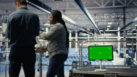 Close up of green screen tablet in front of data center engineers improving rigs Foto stock