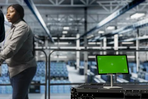 Close up of green screen tablet in front of data center workers 스톡 사진