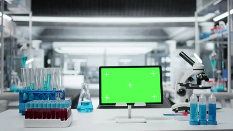 Close up of green screen tablet on workbench in empty hospital laboratory Stock Footage 326367798