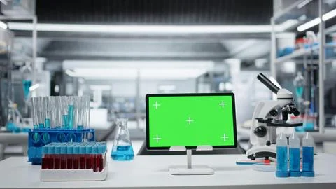 Close up of green screen tablet on workbench in empty hospital laboratory Stock Photos