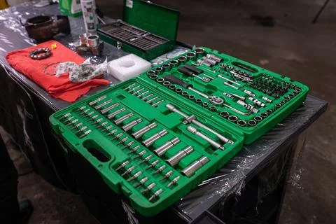 Close-up of green socket set in garage Stock Photos