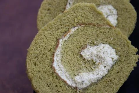 Close up Green Tea Cake Roll Stock Photos